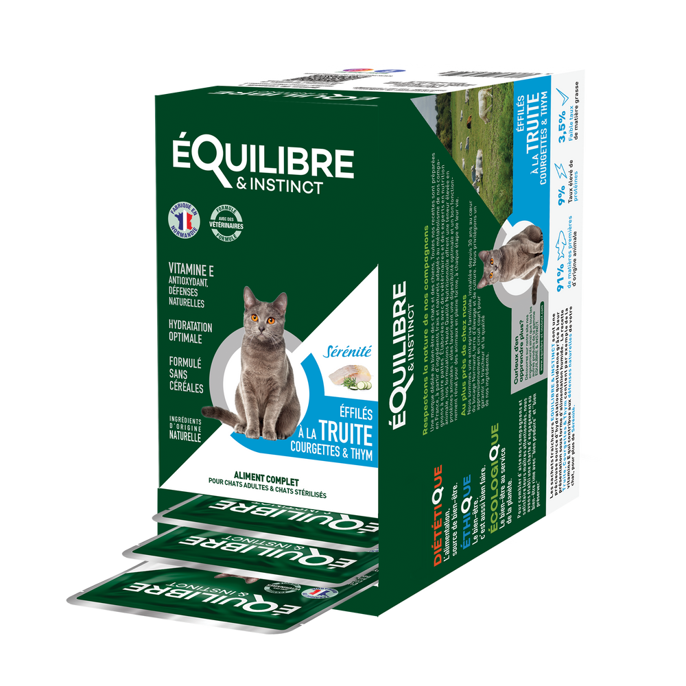 Boîte d’Effilé "Sérénité" pour chat 😺 à la truite, courgettes et thym 🐟 Equilibre & Instinct