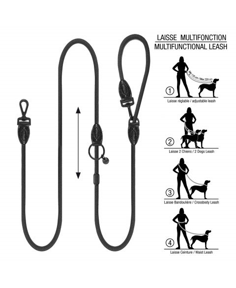 Laisse chien multipositions corde noire Driver - Milk and Pepper
