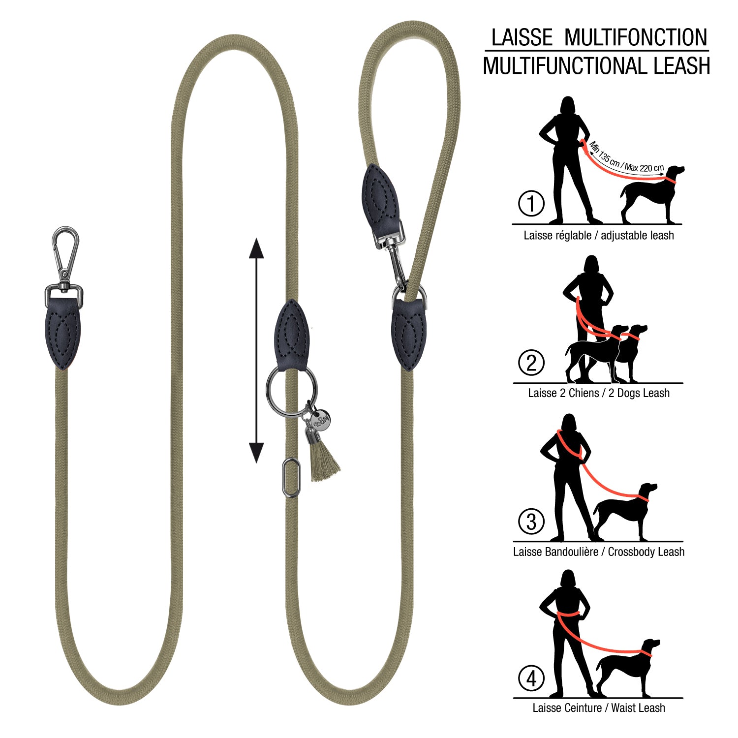 laisse pour chiens multipositions kaki utilisation